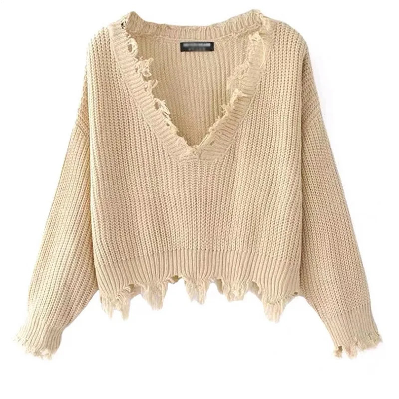 Distressed Women Sweater Autumn Winter Baggy Pullovers Off Shoulder Cropped Sweatshirt Bottom Tassel Fashion Plain Color Sweater 240828