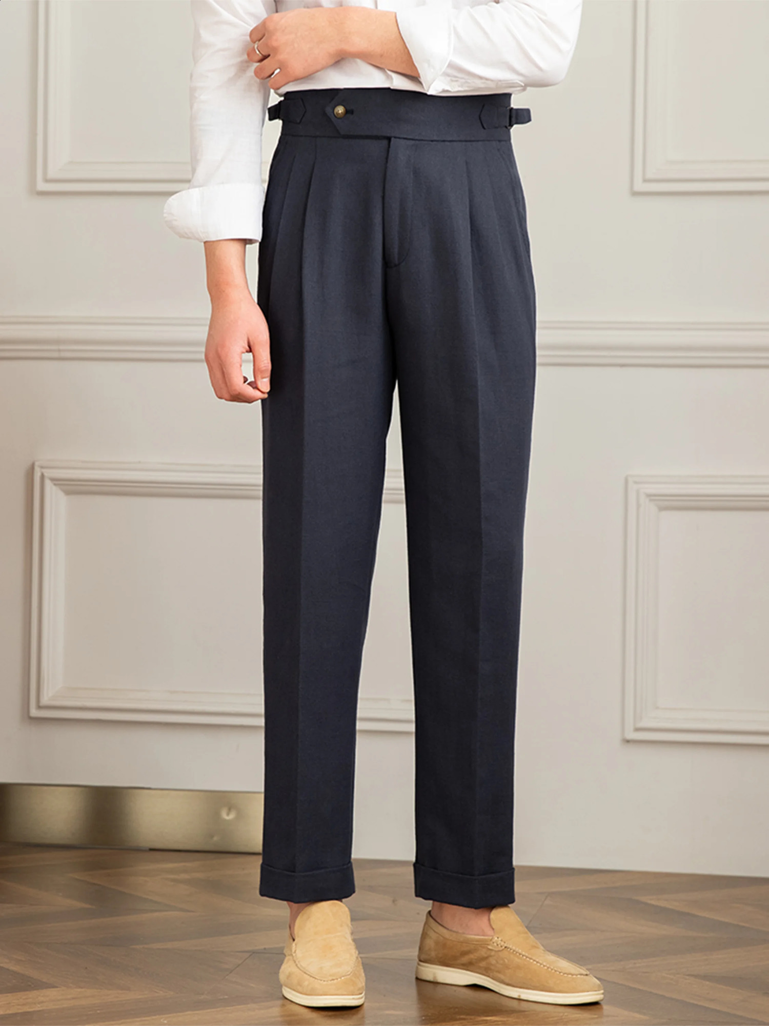 Linen cotton high waisted straight casual pants for men vintage Neapolitan gentlemen pleated pants high-quality Italian dresses Trouser 240828