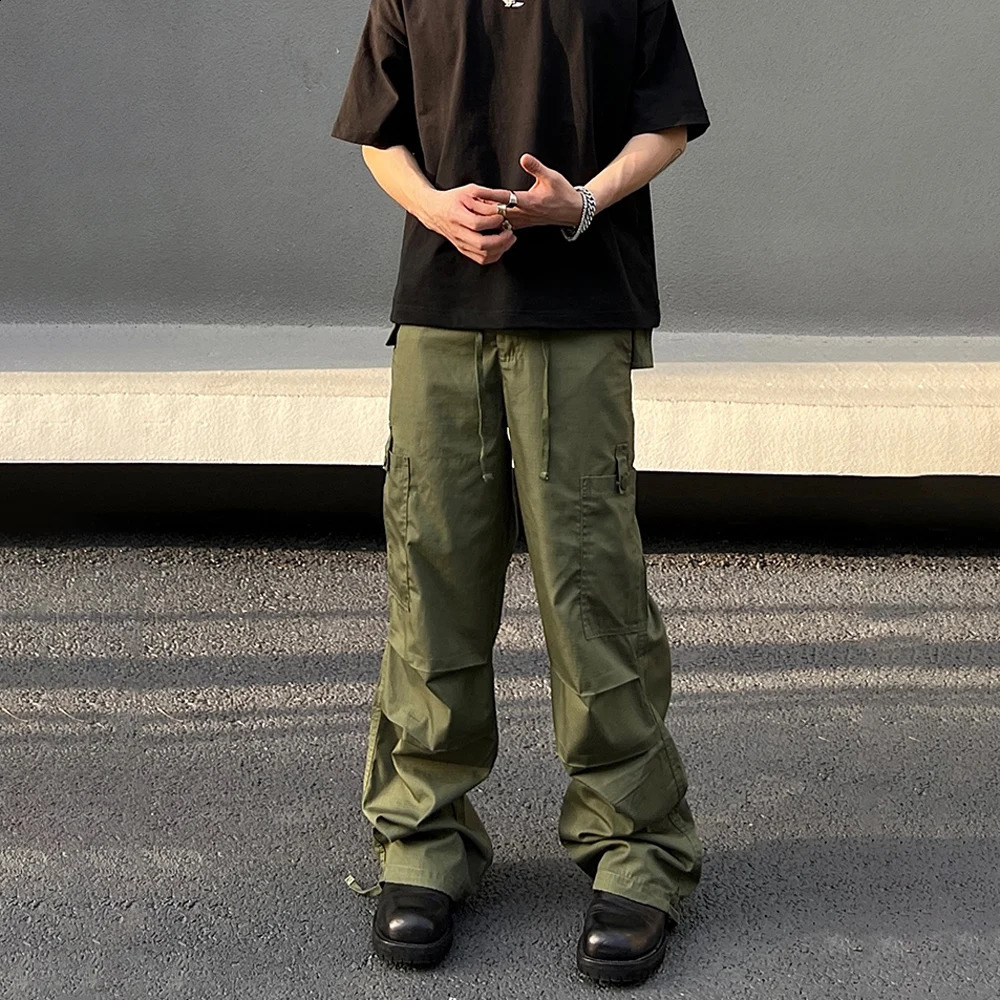Army Green Cargo Pants Mens Summer Bag Multi Pocket Loose Casual Fashion Y2k Autumn Straight Leg Street Clothing Wide Trousers 240827