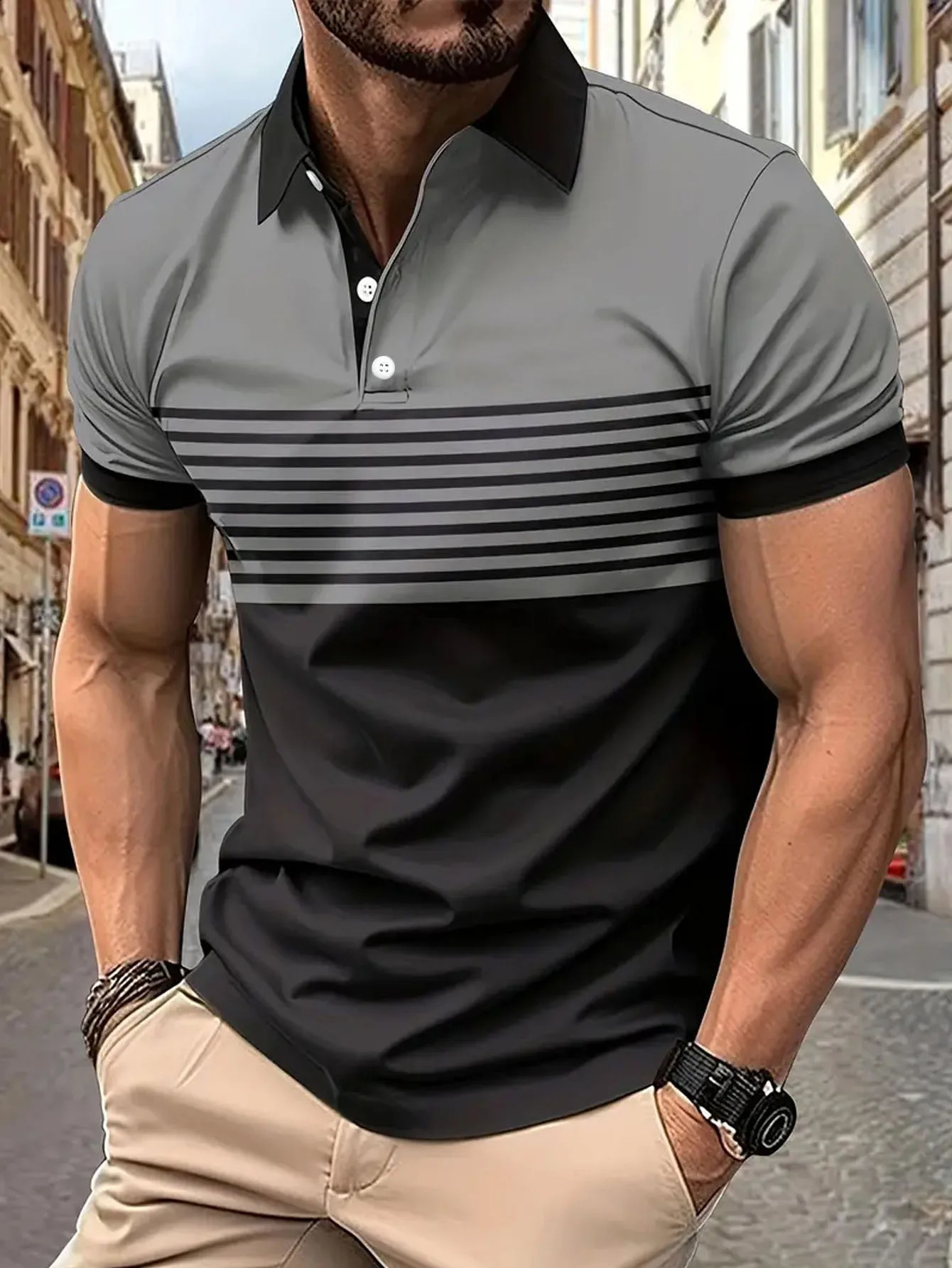 Striped mens casual color short sleeved polo shirt summer golf European measurement 240828
