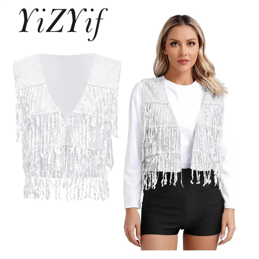 Womens Christmas Music Festival Carnival Party Vest Sparkling tassel Sleeveless V-neck Belt for Jazz Pole Dance Club Costume 240828