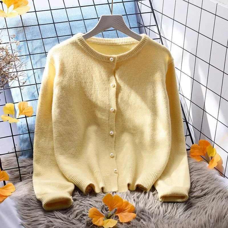 Pink White Purple Yellow Knitted Sweater Women Short Cardigan Spring Autumn Fashion ONeck Long Sleeve Knit Tops Ladies Jumper 240924