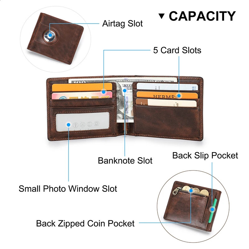 CONTACTS Genuine Leather AirTag Wallets for Men Short Casual Men Wallets Coin Purses RFID Card Holder Money Clip Mens Wallet 240828