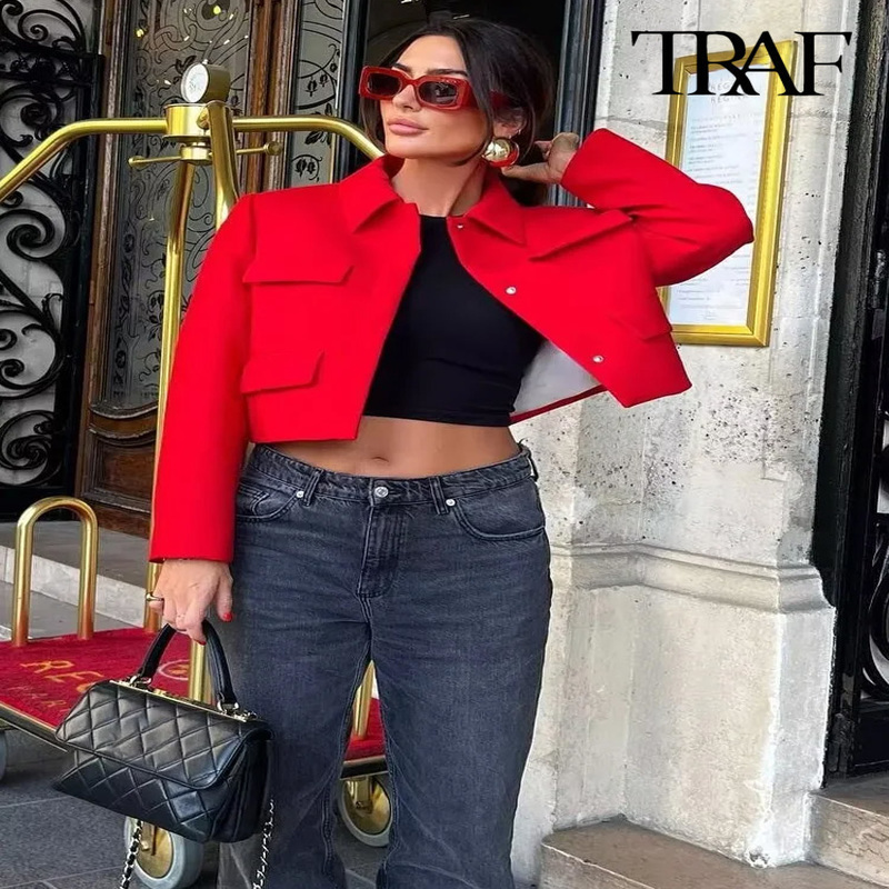 TRAF Womens Fashion with flaps cropped jacket vintage long sleeved button up womens coat fashionable top 240827