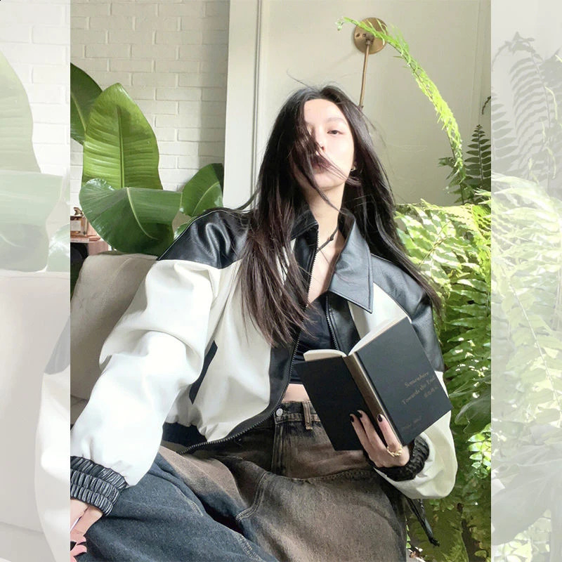 MEXZT streetwear Pu leather jacket womens oversized spliced work motorcycle jacket Bf Harajuku retro loose casual jacket top 240827
