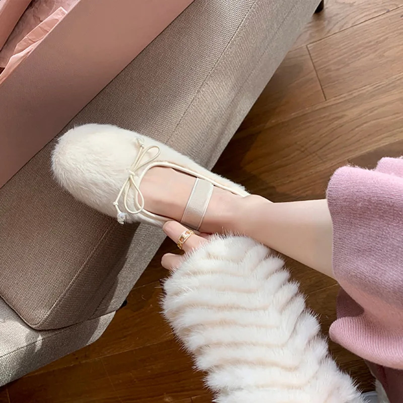 Cute fur bow ballet dancer womens fur lined ballet dancer winter round toe flat female bride wedding shoe dance Mocassines Mujer 240827