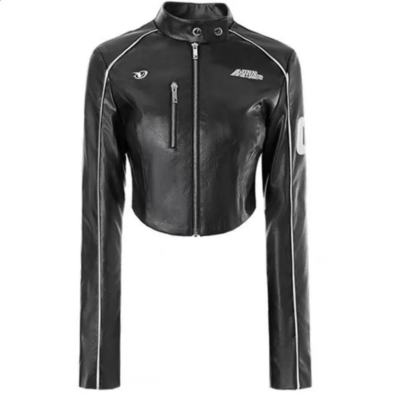 American retro cool letter patch motorcycle short PU leather jacket with small stand collar ultra-thin autumn top for women 240827