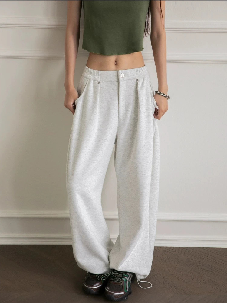 HOUZHOU Vintage Baggy Sweatpants Women Autumn Y2k Korean Loose Wide Leg Zipper Fly Casual Sports Pants Streetwear Z260314