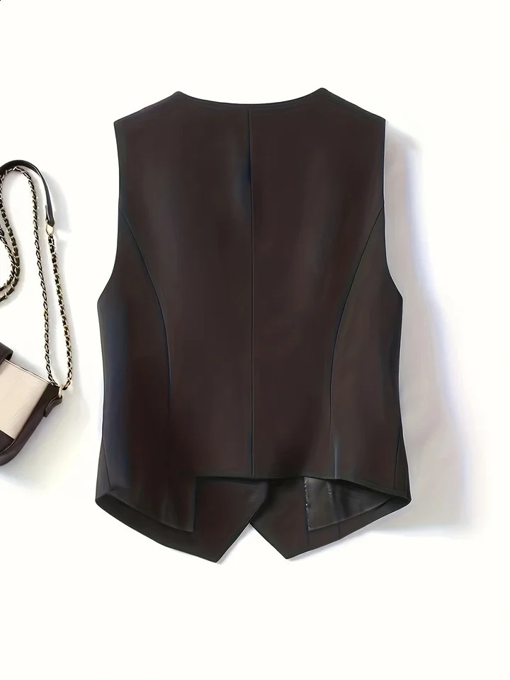 Retro V-neck suit vest elegant womens casual single chest sleeveless jacket fashionable ultra-thin solid color vest simple and unique 240828