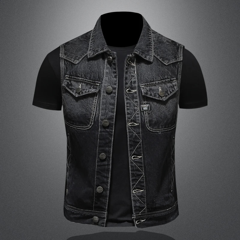 highend heavyduty motorcycle retro fashionable handsome guy with trend black gradient mens denim vest sleeveless S6XL 240827