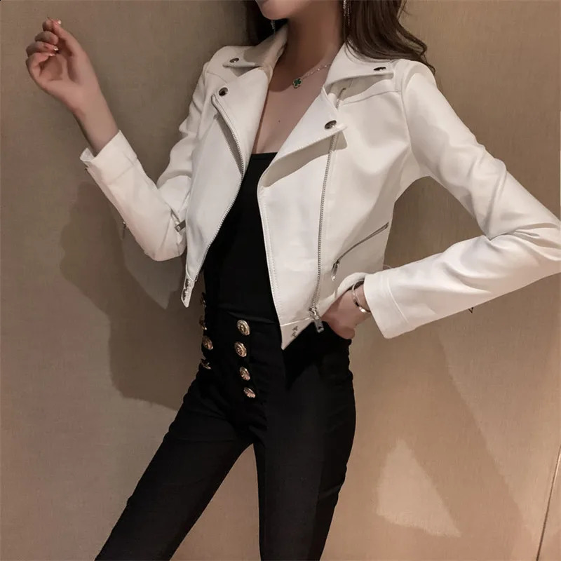 ultra-thin womens short leather jacket street style black pink white PU jacket long sleeved motorcycle zipper jacket 240827