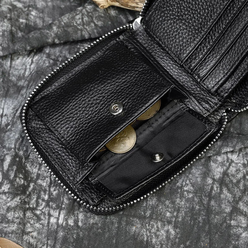 Unisex Genuine Leather Wallet Thrifold Zip Around Pocket Short Wallets Zipper Coin Case Snap man Real Leather Purse Black 240828
