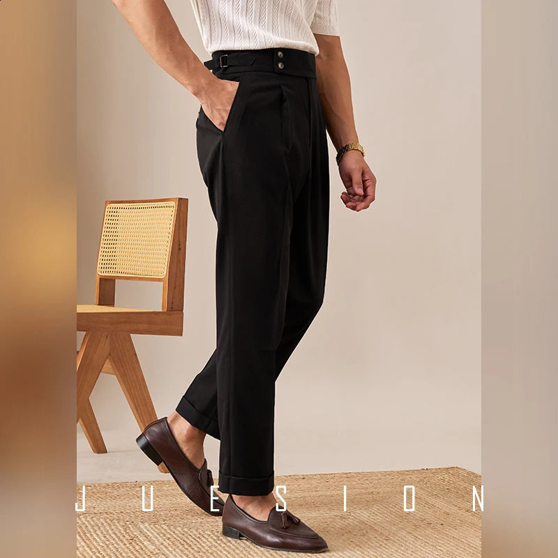 Paris buttoned pants casual mens pants fashion Naples high waisted straight pants mens business version dress ultra-thin mens pants 240828