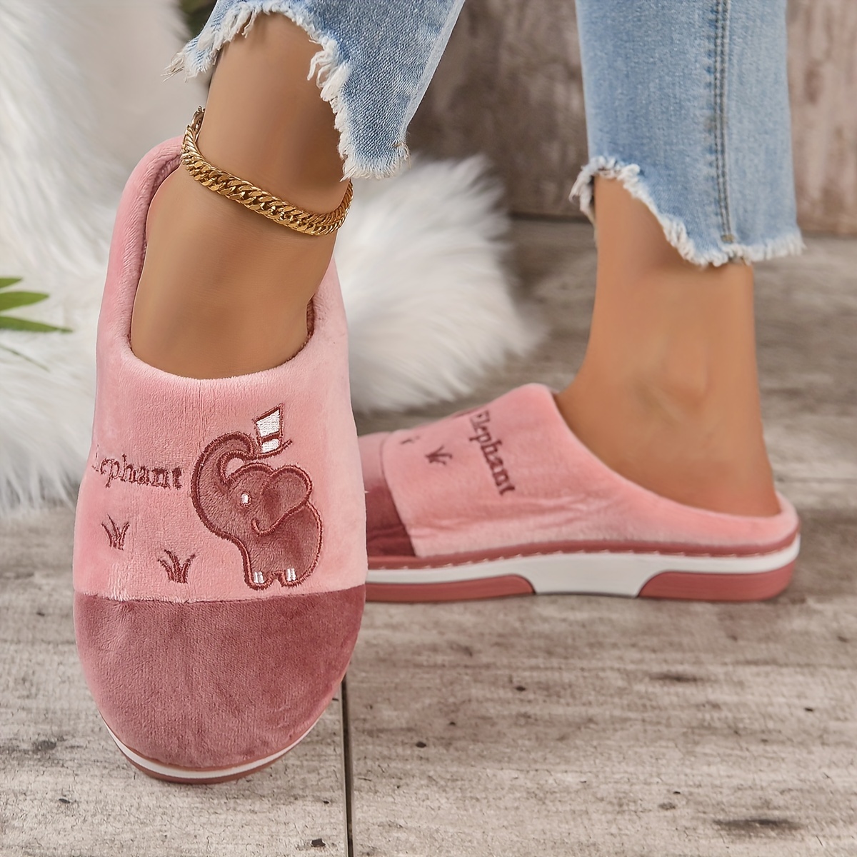 Kawaii Cartoon Elephant Slippers - Soft Fabric Lined, Plush Comfortable Indoor Shoes with Rubber Soles, All-Season Wear, Cartoon Pattern Design, Cozy 
