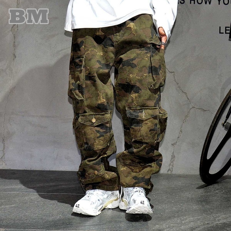 High quality retro multi pocket camouflage cargo pants mens clothing highend fabric tactical thick casual work w240827