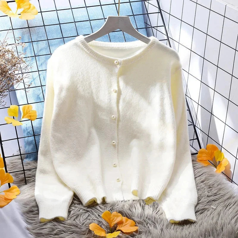 Pink White Purple Yellow Knitted Sweater Women Short Cardigan Spring Autumn Fashion ONeck Long Sleeve Knit Tops Ladies Jumper 240924