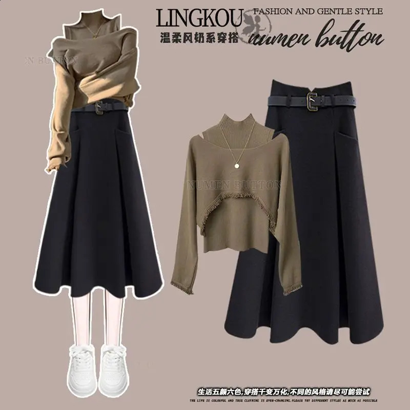 Autumn and Winter Fashion Womens Clothing Set Knitted Hoodie High Collar Tank Top Weight Loss Half Skirt Three Piece 240827
