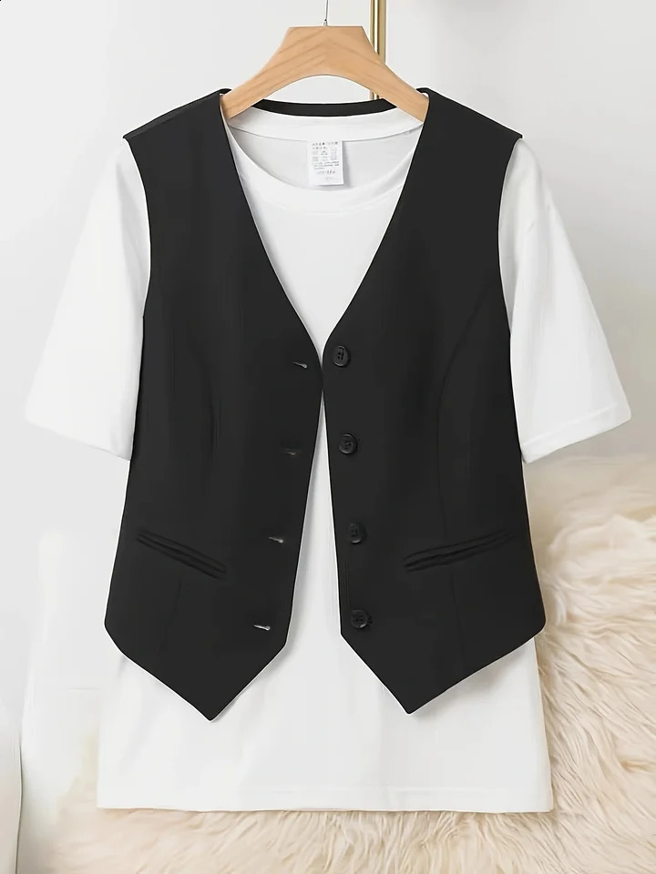 Retro V-neck suit vest elegant womens casual single chest sleeveless jacket fashionable ultra-thin solid color vest simple and unique 240828