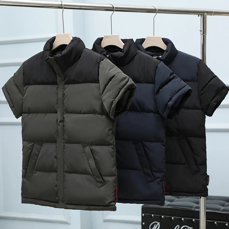 Parkas vest mens short sleeved thick jacket solid casual warm work patch 6XL 240827