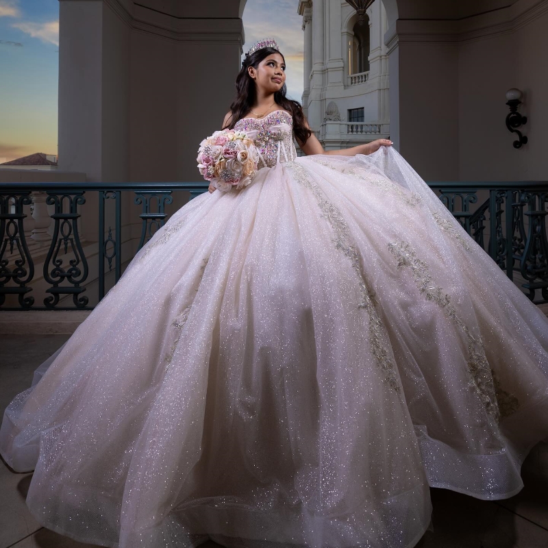 Ivory Princess Quinceanera Dresses Off Shoulder Gillter Lace Bow Beads Crystal Corset Tull Lace-up vestidos de 15 anos Sweet 16 Dress