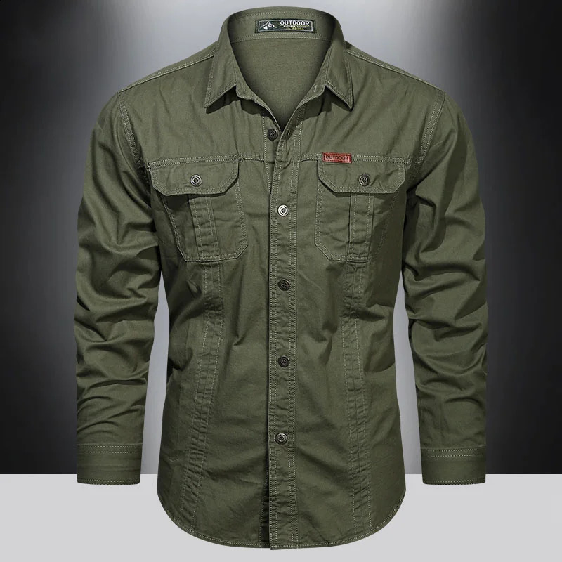 Autumn Military Style Cotton Pocket Shirt for Men Solid Color Slim Casual Clothing Men Long Sleeve Shirts 5XL 240827