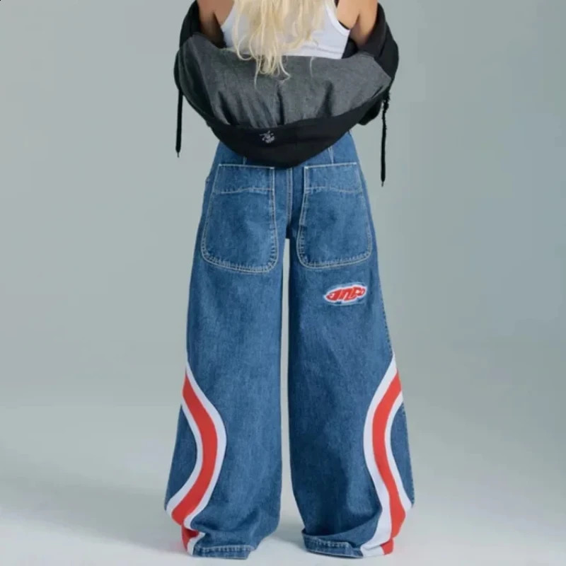 Deeptown Y2k Vintage Jeans Women Harajuku Baggy Streetwear Blue Denim Pants Hip Hop Wide Leg America Contrast Color Trousers 240827