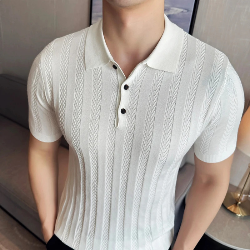 Mens business casual solid color polo shirt mens Word woven thin stripe short sleeved sweater Stretchable breathable Tshirt 240828