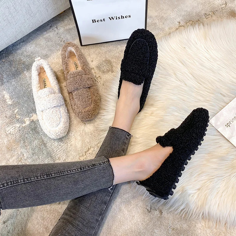 34-43 Large Lambwood Mokasin Womens Curly Sheepskin Flat Bottom Womens Warm Fluffy Winter Cotton Shoes Womens Fur Snow Boots 240827