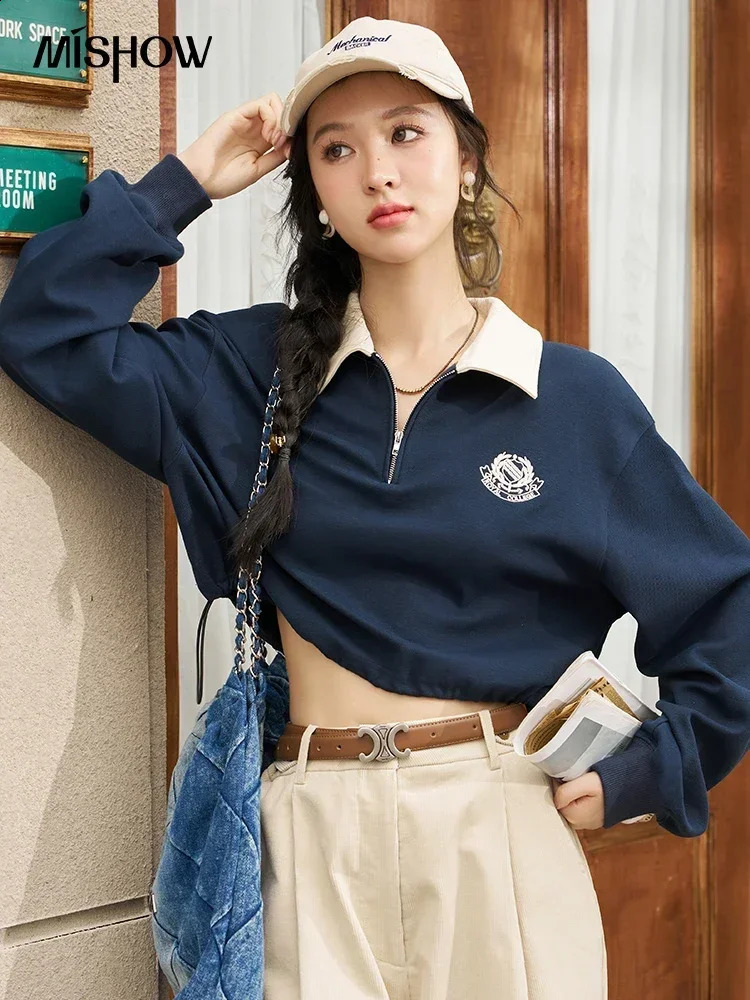 MISHOW Graphic Print Sportswear Womens Autumn Casual Polo Neck Long Sleeve American Embroidered Hoodie Pullover Top MXC52V0040 240827