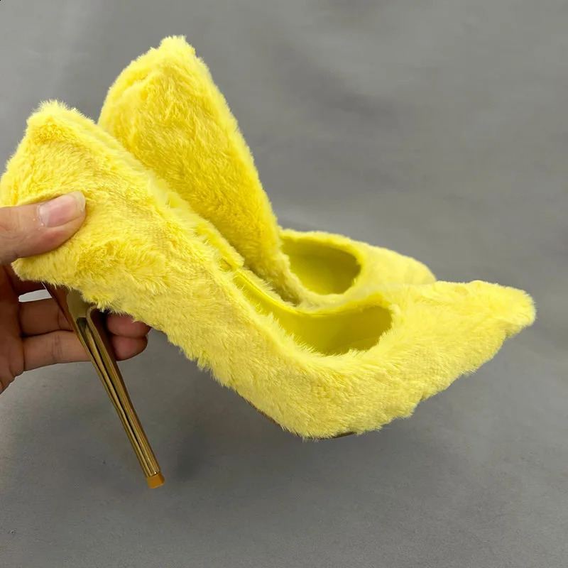 Yellow faux fur wedding shoes high heels pump womens pointed toes shallow party dress slim high heels plush high heels 12cm 240827
