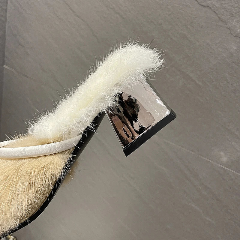Rimocy comfortable soft fur mule slider womens autumn and winter square high heels warm plush slider womens high heels artificial fur slider 240827