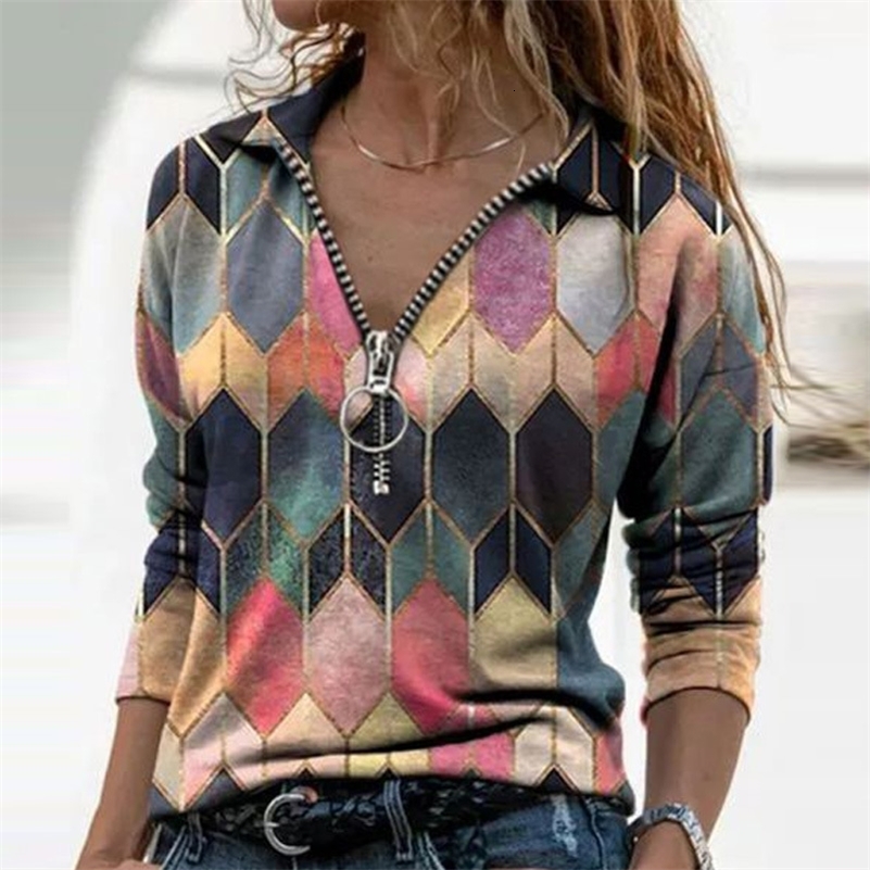 Womens long sleeved V-neck geometric printed shirt retro loose polo shirt Y2K Harajuku oversized top elegant zipper sweater tuned 240827