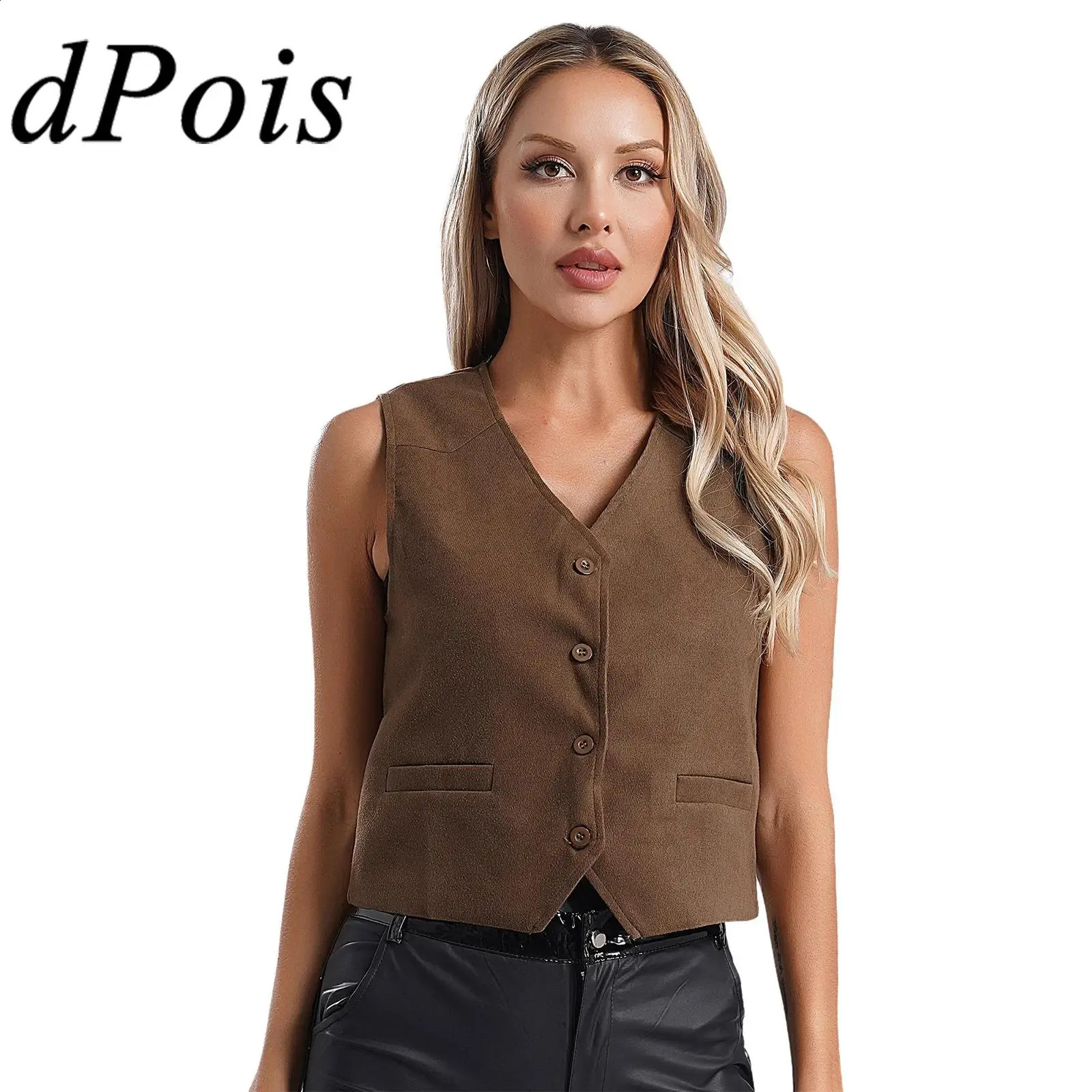 OL Womens Retro Waist Button Bottom V-neck Sleeveless Jacket Vest Office Womens Commuting Work Clothes Party Club Clothes 240828