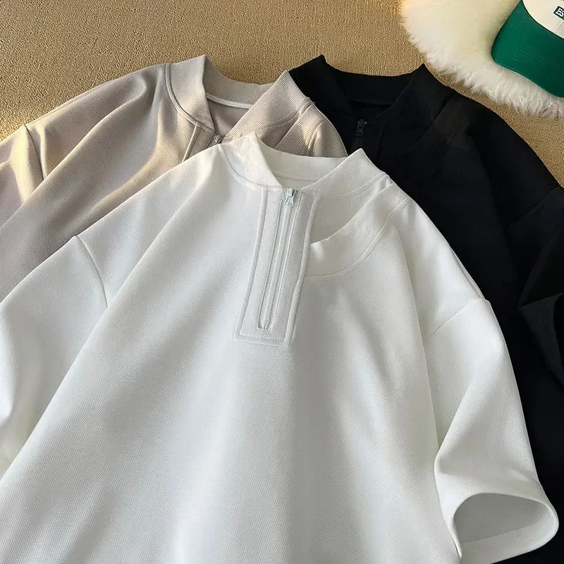 Fashionable highend Feel polo shirt half zipper retro summer casual sports short sleeved mens style 240828