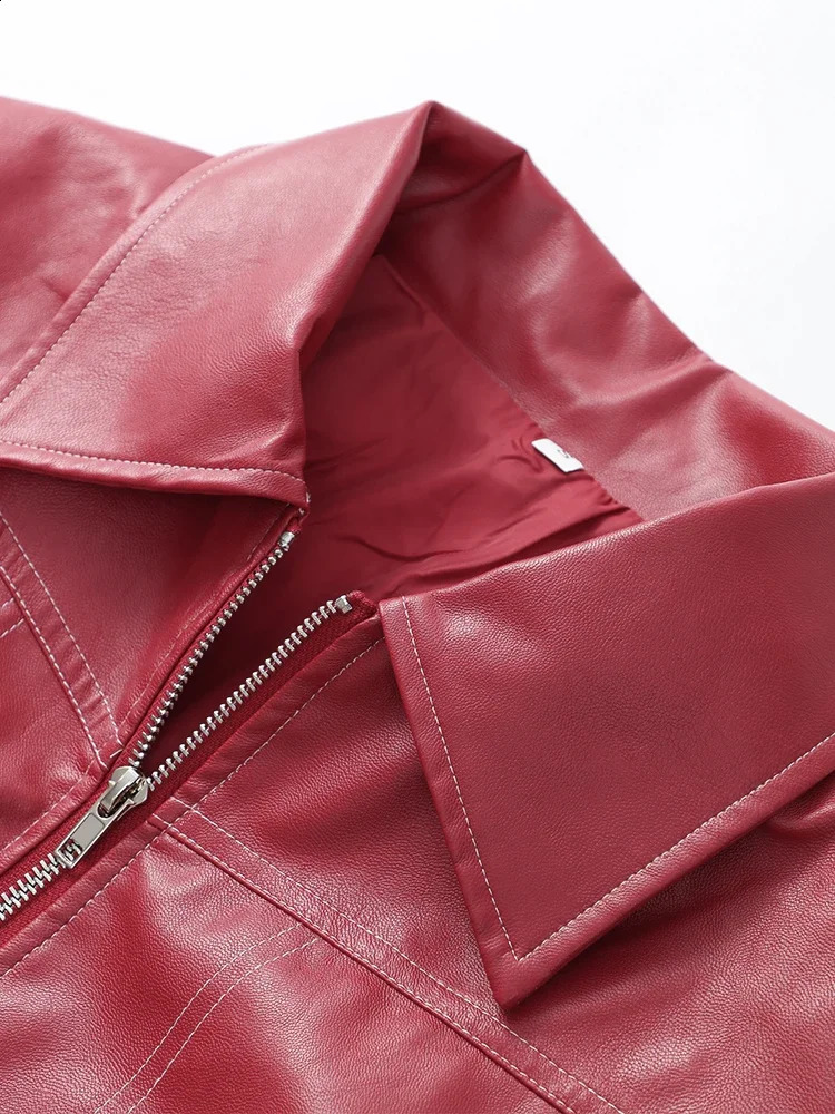 Fashion womens solid jacket loose retro collar long sleeved zipper Pu leather top autumn womens jacket 240827