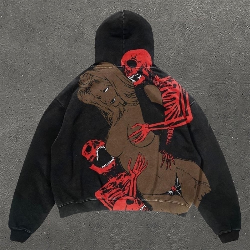 Harajuku skull print hoodie 2000s american streetwear oversized y2k top casual hoodies sweatshirt vintage tracksuit men clothing 240827