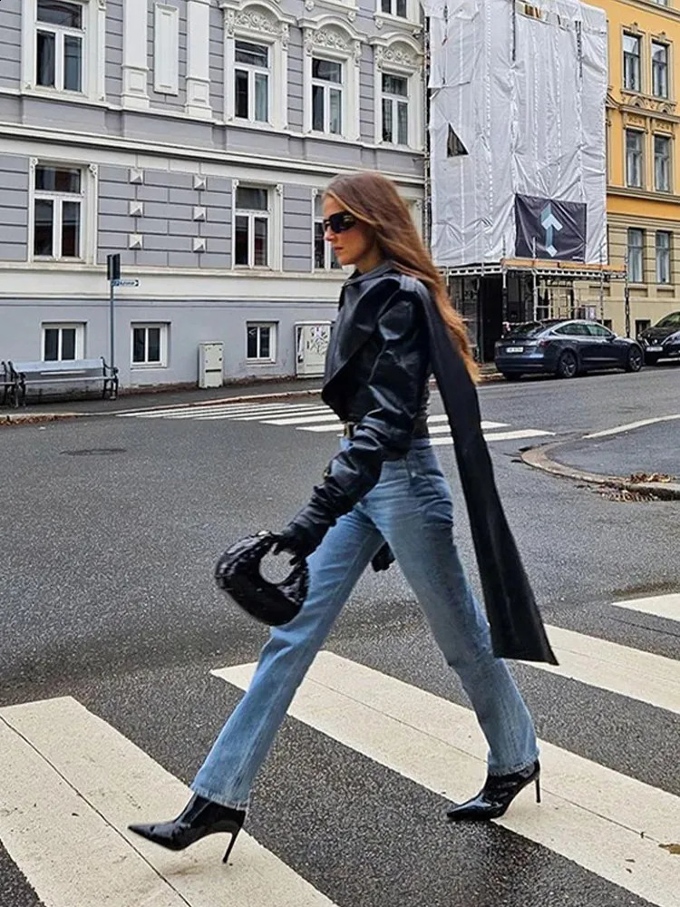 Pu leather open top jacket womens retro cape shawl collar jacket zipper womens spring fashion ultra-thin cool street clothing womens top 240827