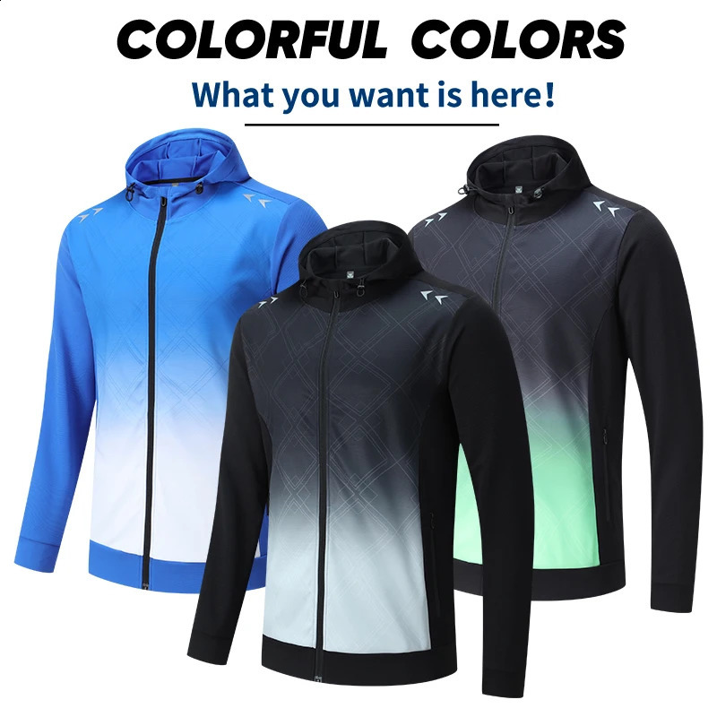Customized fashionable mens windproof hooded jacket with zipper polyester outdoor running tracking suit B93 240827