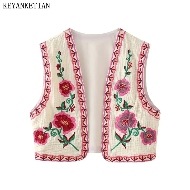 KEYANKETIAN launches Bohemian holiday style floral embroidery decorative vest for women thin waist coat crop top fashion jacket 240828