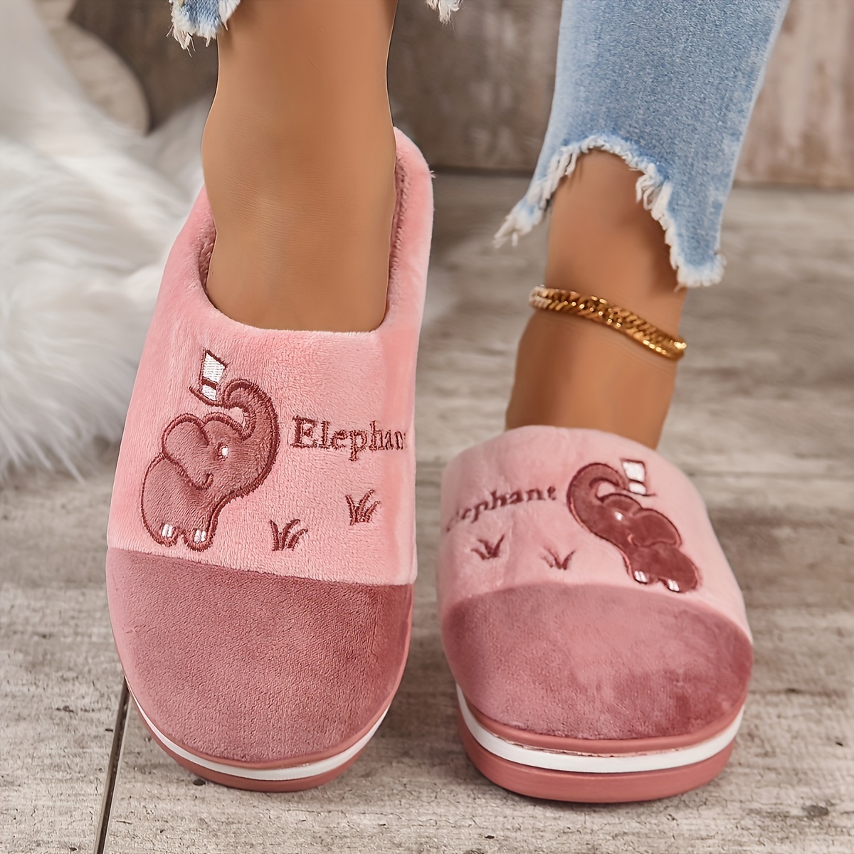 Kawaii Cartoon Elephant Slippers - Soft Fabric Lined, Plush Comfortable Indoor Shoes with Rubber Soles, All-Season Wear, Cartoon Pattern Design, Cozy 