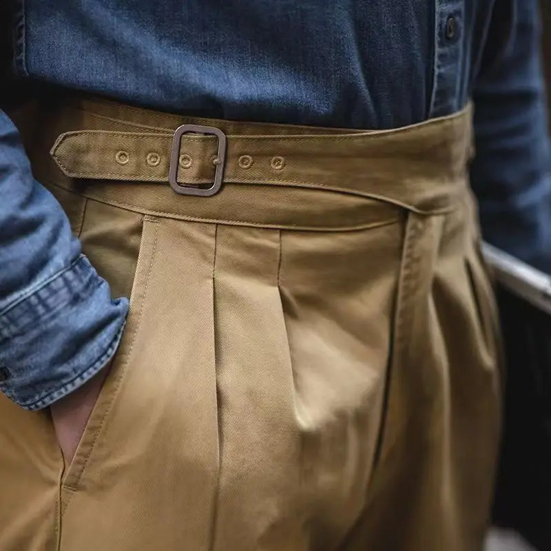 Oldyanup Mens Gurkha Pants Cotton Safari Style Adjustable Waist Buckle Naples Trouser Retro Casual Loose Ankle Pants 240828
