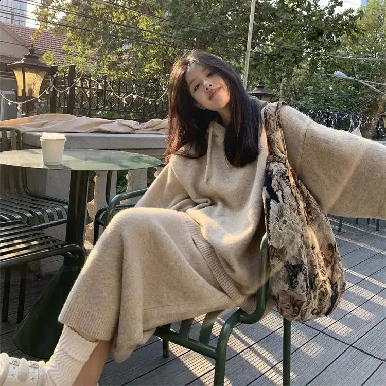 Korean Vneck twopiece skiing sweater casual womens knitted pullover high waisted fashionable winter clothing 240827