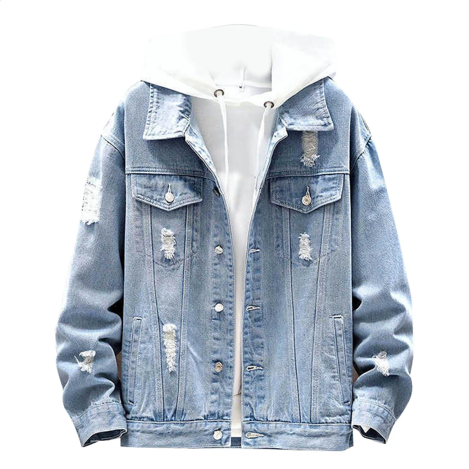 Summer and autumn mens denim jacket casual solid collar single chest jeans regular tear hole cotton 240827