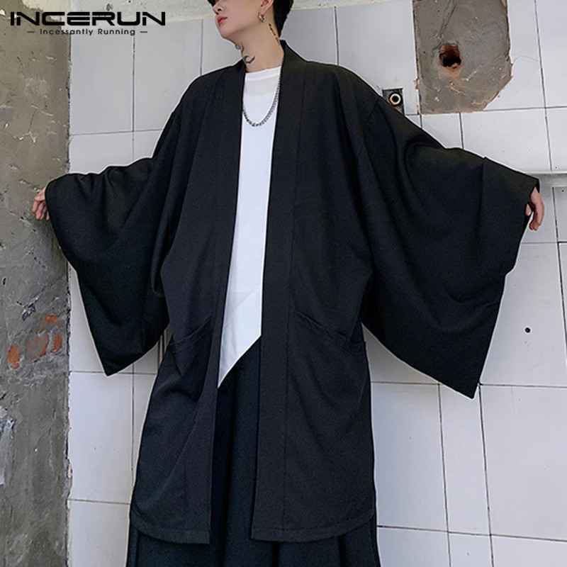 Mens Open Collar Loose Long Sleeve Street Clothing Ditch Fashion Retro Punk Solid Coat Cloak INCERUN 5XL 240827