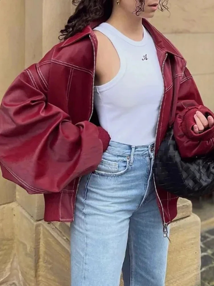 Fashion womens solid jacket loose retro collar long sleeved zipper Pu leather top autumn womens jacket 240827