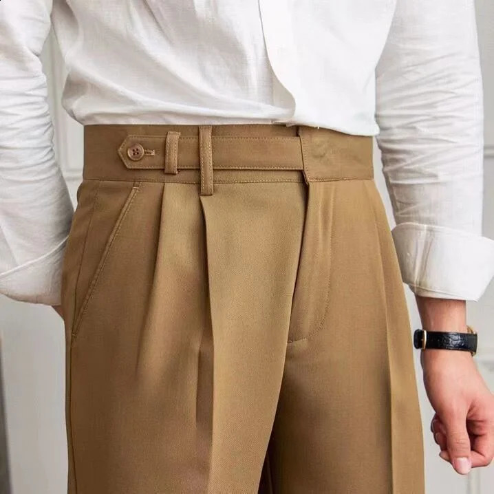 Summer Thin Button Business Tapered Trousers Apricot Versatile Naples Mens Casual High Waist Set Pants Grey Black Korean 240828