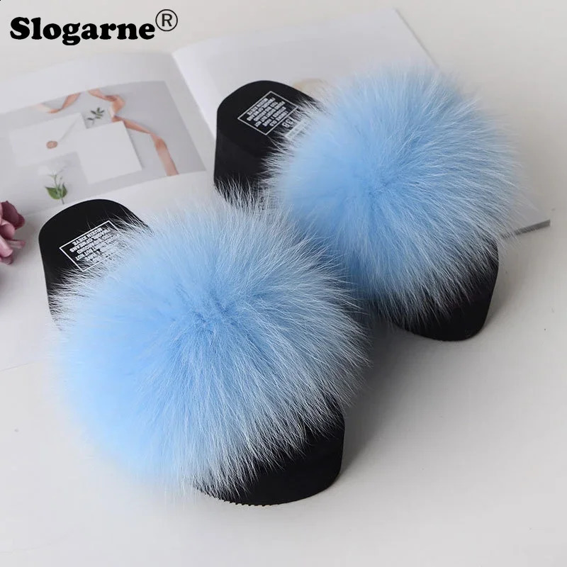 Womens modern fox fur slider womens fashionable outdoor fur slider 5cm thick soled summer platform shoes womens high heels flip cover 240827