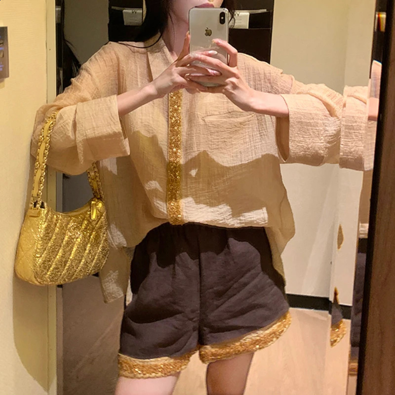 summer polo collar loose casual long sleeved womens set with contrasting patch work shorts two-piece set 240827