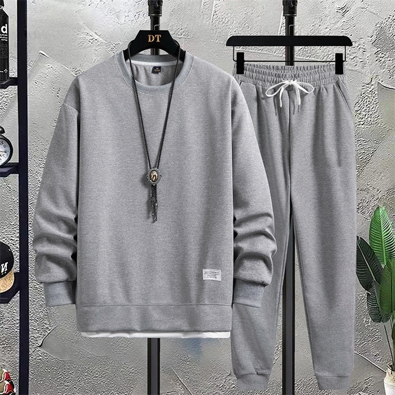 Mens casual suit long sleeved top and S-3XL pants high-quality solid color set 240827