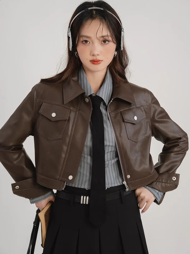 American retro sweet and style coffee colored womens leather jacket autumn n feeling short motorcycle jacket top 240827